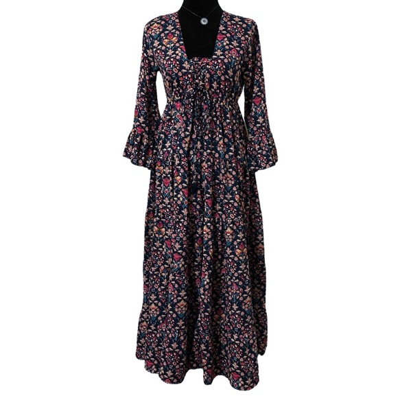 BOEMO Bohemian Floral Print Lace Up Neck Bell Sleeve Maxi Dress S - Picture 1 of 12